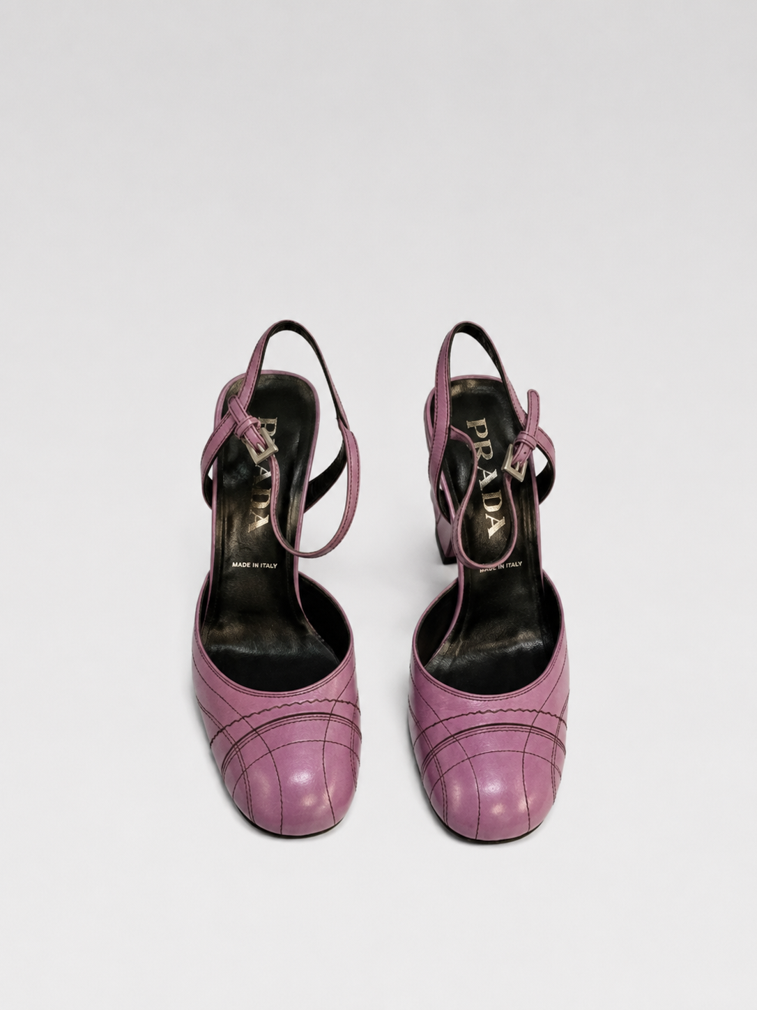 Prada Lavender Lambskin Slingback Heels – Vintage Grid Stitch Block Heel Sandals (Size 36.5)