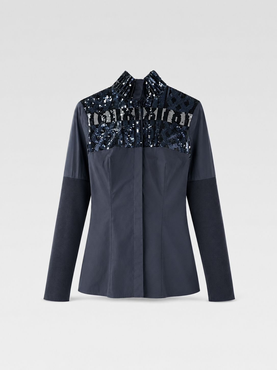 Christian Dior Runway Navy Sequin Embroidered High-Neck Shirt – Modern Collection Couture Evening Top