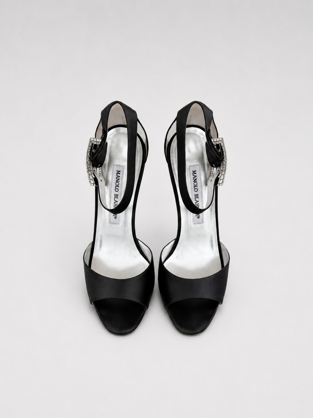Manolo Blahnik Black Satin Crystal Buckle Heels Luxury Evening Sandals Designer Rhinestone Shoes