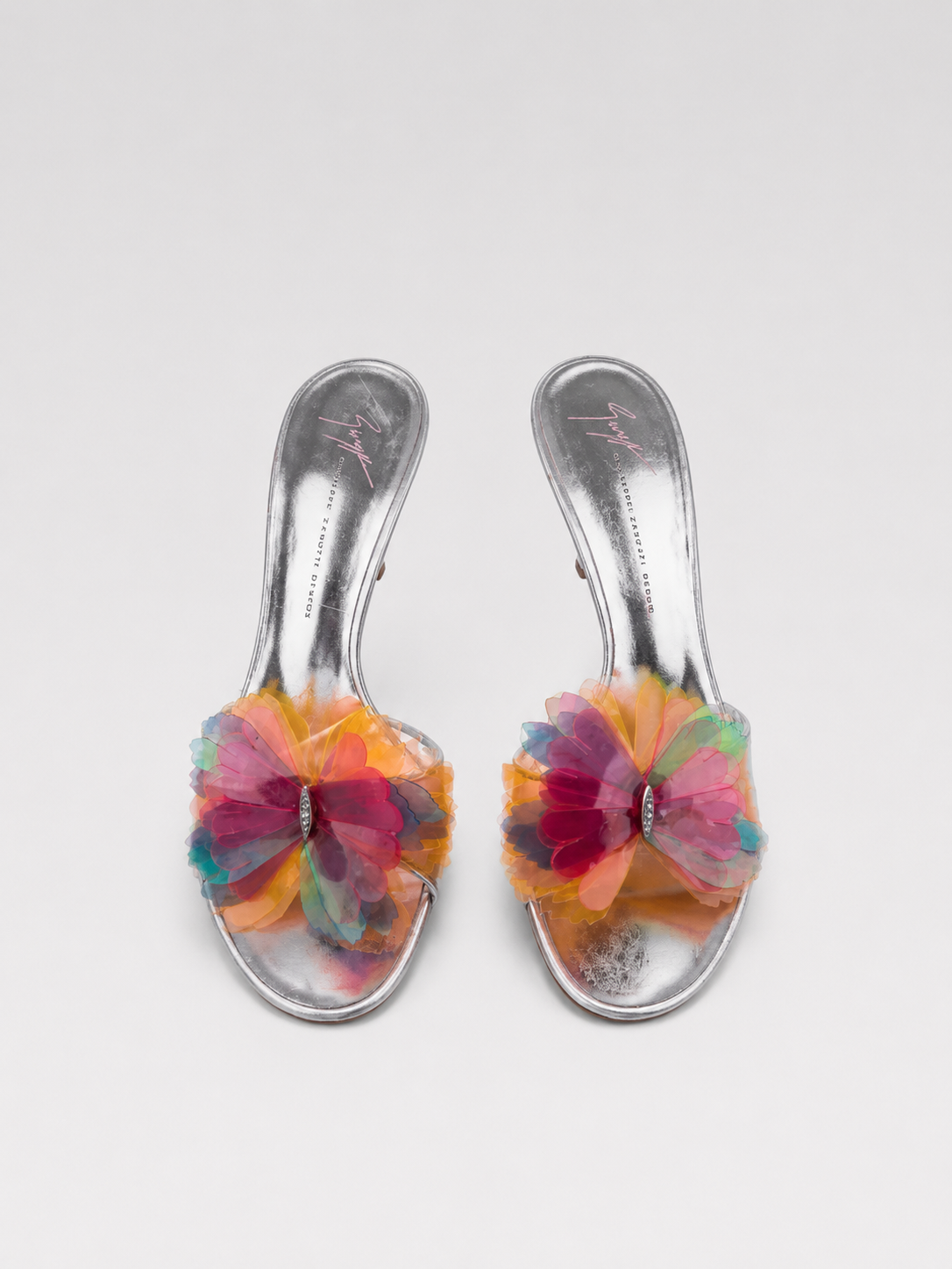 Giuseppe Zanotti Silver Iridescent Floral Mule Heels – Vintage Runway Multicolor Organza Petal Sandals (Size 38)