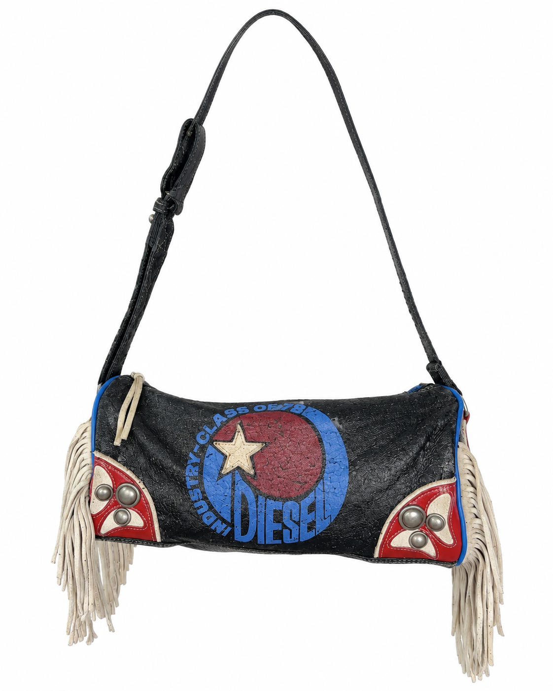 Diesel Vintage Y2K “Spare Parts” Fringe Shoulder Bag – Rare Black Graphic Leather Crossbody Bag