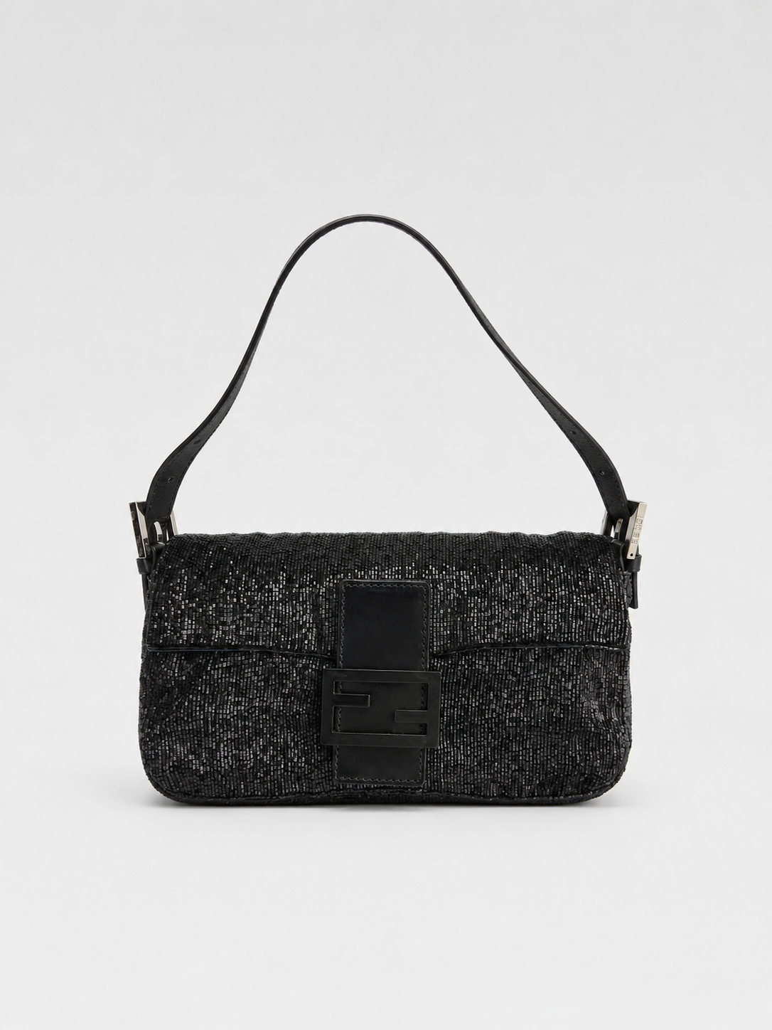 Fendi Rare Black Hand-Beaded Baguette Shoulder Bag