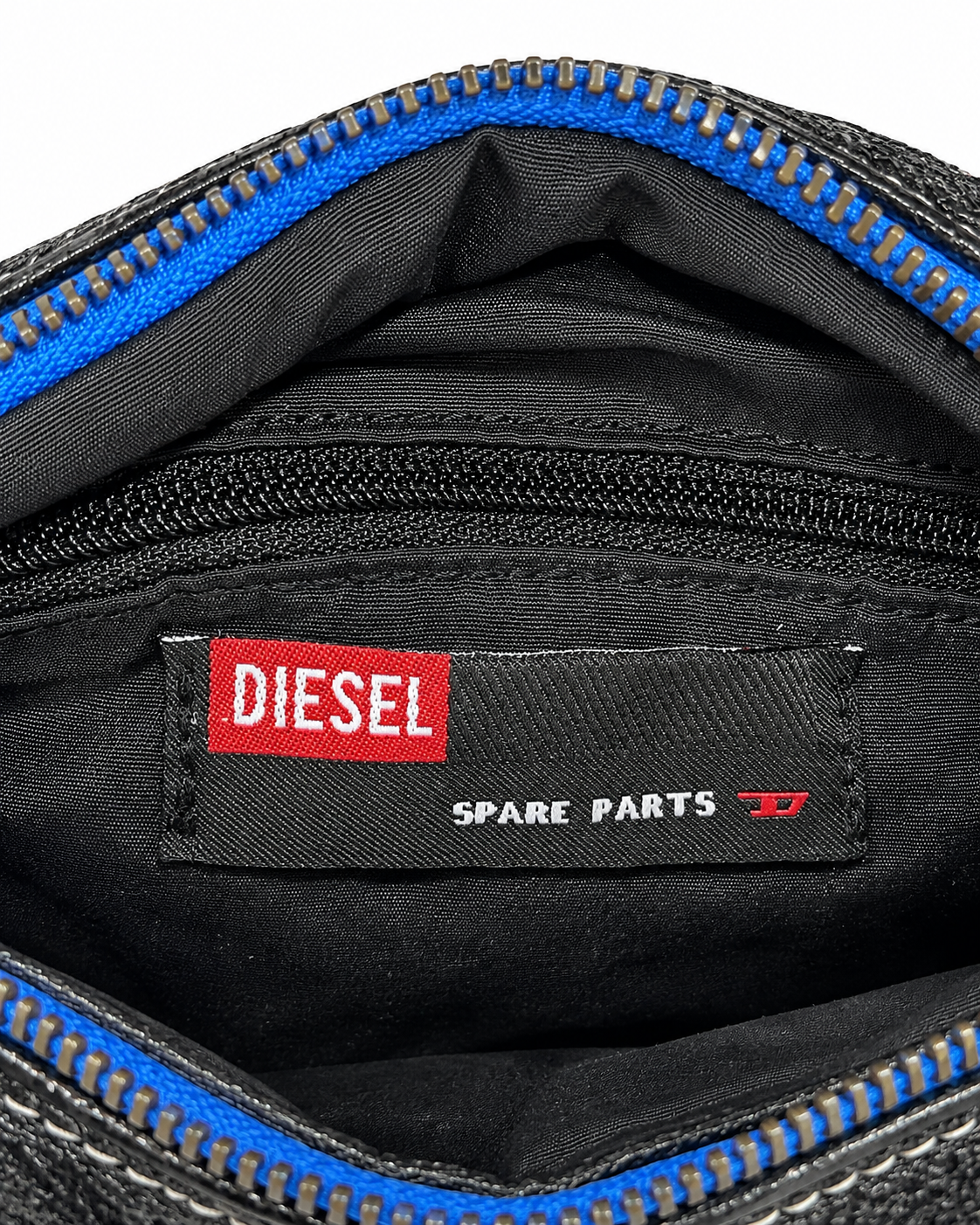 Diesel Vintage Y2K “Spare Parts” Fringe Shoulder Bag – Rare Black Graphic Leather Crossbody Bag