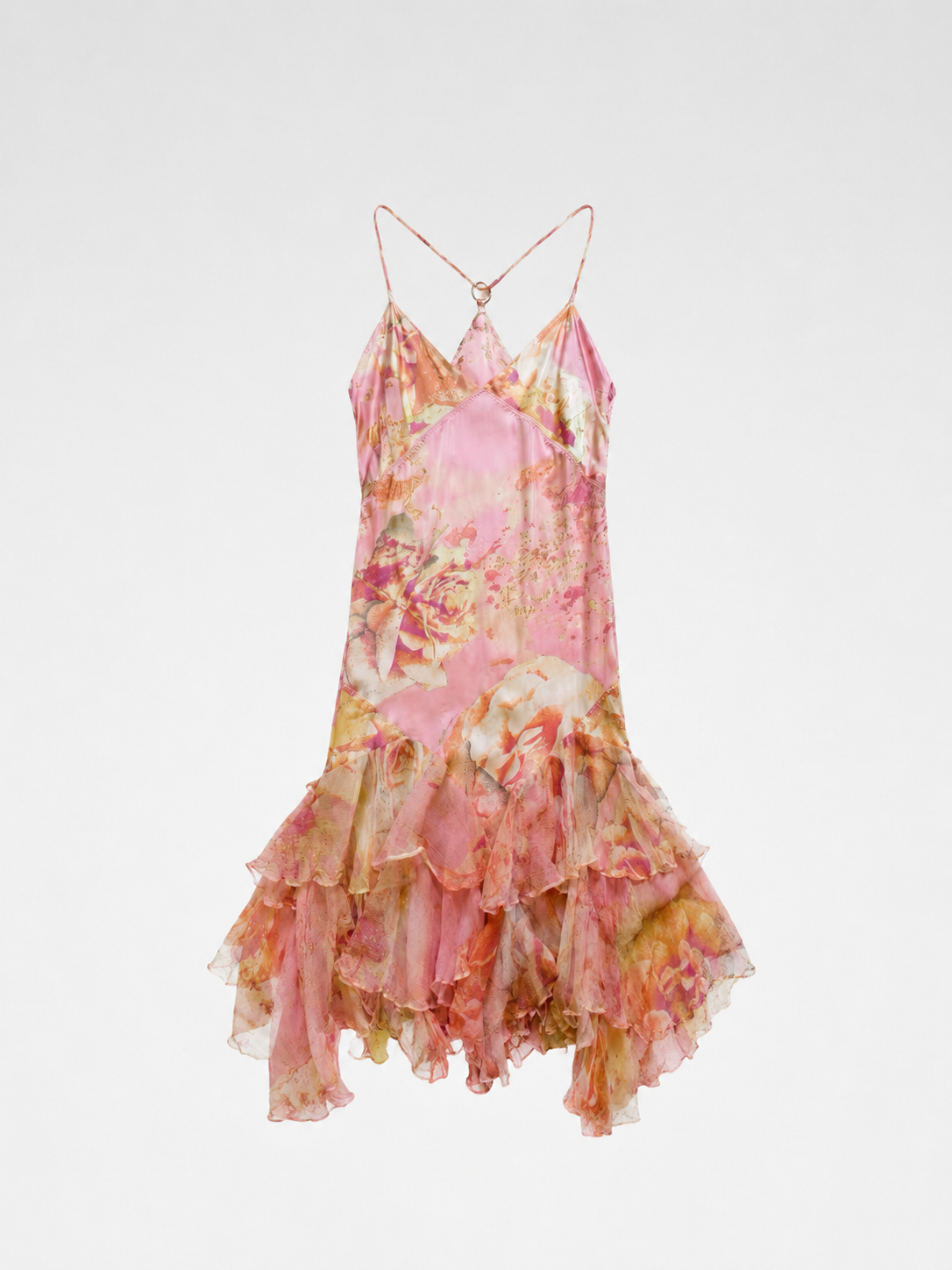 Roberto Cavalli S/S 2000 Pink Silk Rose Print Asymmetric Ruffle Dress – Rare Y2K Runway Slip Dress