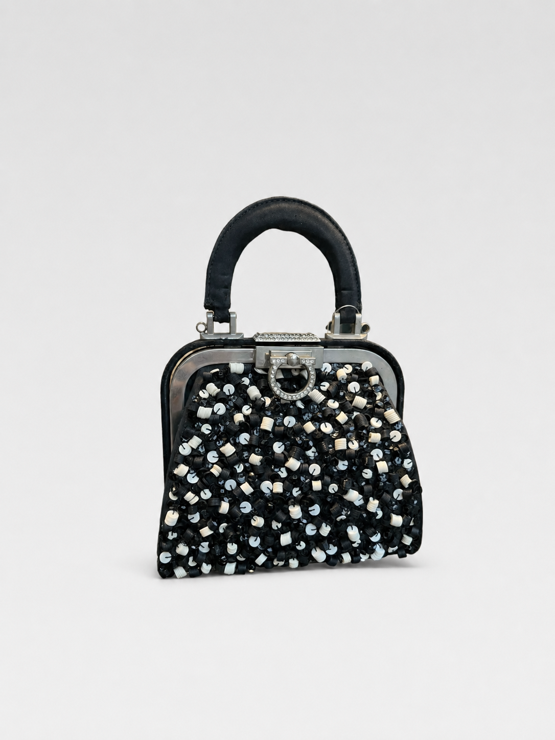 Christian Dior Black & Silver Embroidered Mini Frame Bag – Crystal Clasp Evening Piece