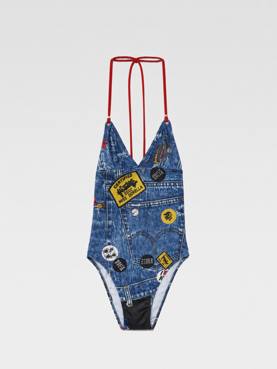 Christian Dior Patch Badge Print Monokini Swimsuit (Punk Americana in Trompe L'oeil Denim)