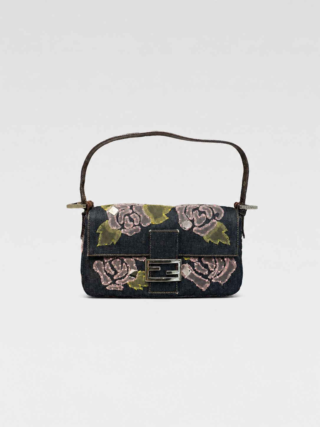 Fendi Vintage Denim Baguette Bag Pink Rose Embroidered Lace Floral Y2K Limited Edition Shoulder Bag