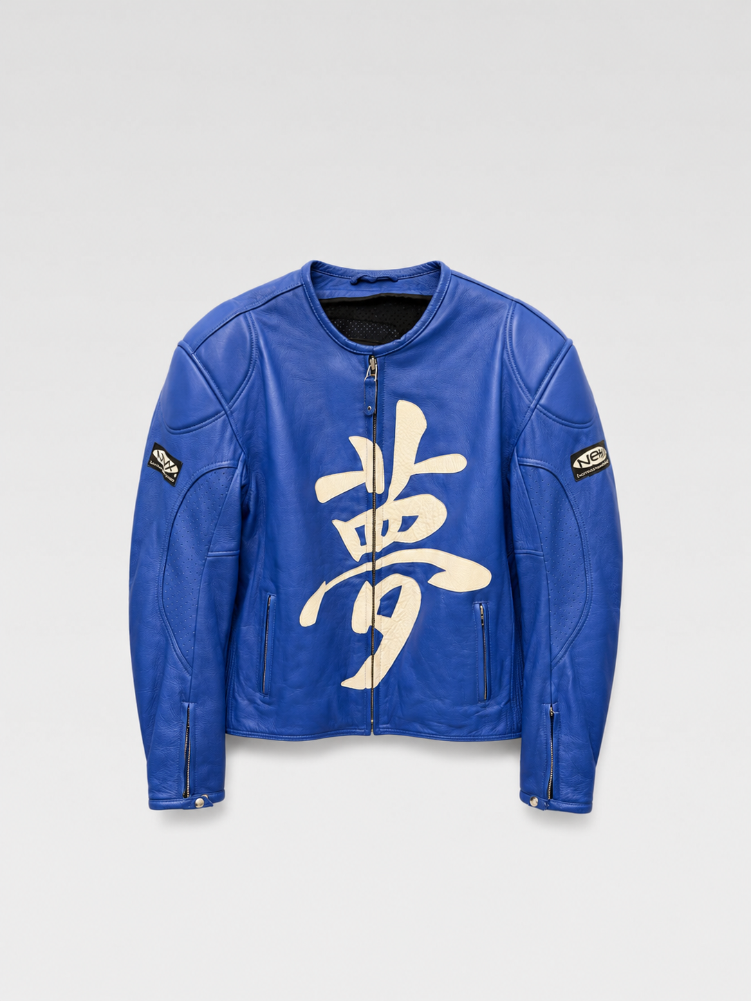 Nexx Custom Blue Leather Biker Jacket – Graphic Kanji Moto Racing Jacket