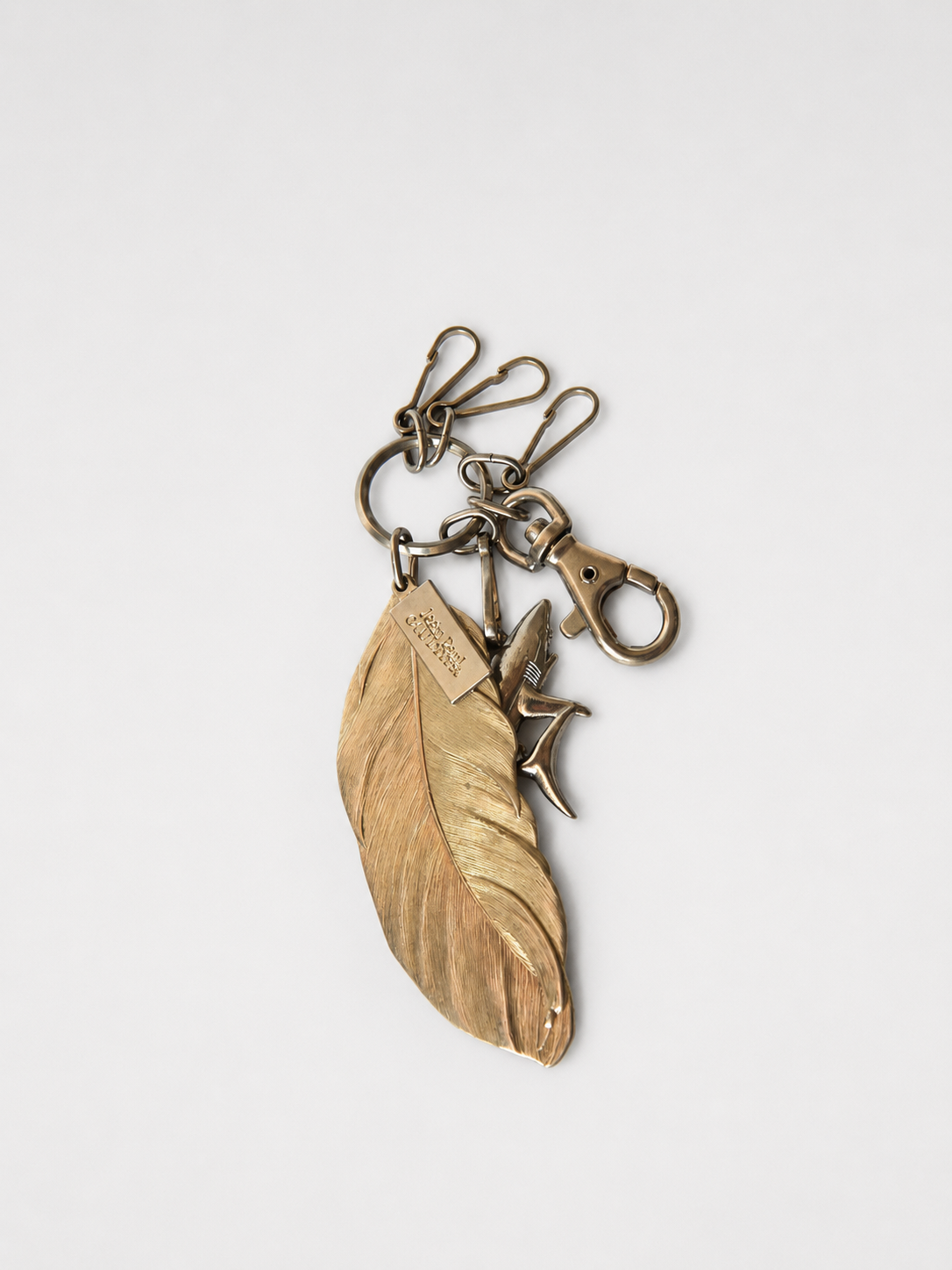 Jean Paul Gaultier Vintage Multi-Charm Metal Keyring with Feather, Shark & Carabiner Hooks (Rare Archive Accessory)