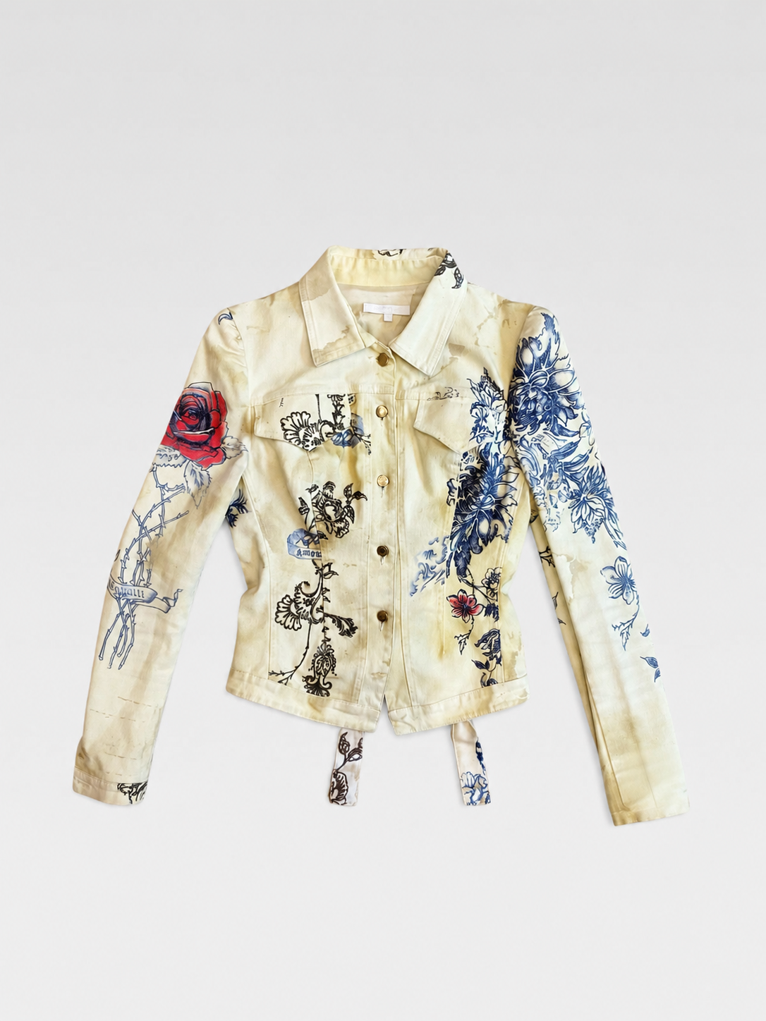 Roberto Cavalli 2003 Runway Tiger & Rose Print Denim Jacket