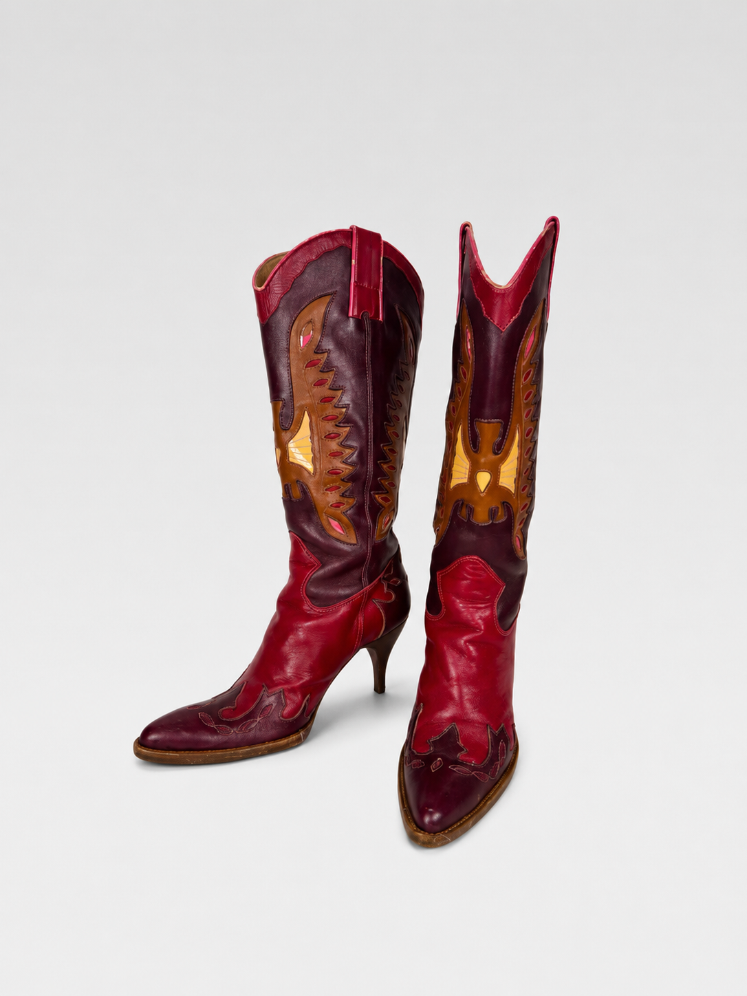 Dolce & Gabbana Vintage Cowboy Knee-High Boots – Red & Burgundy Leather Pointed Toe Heeled Boots (Size 37)