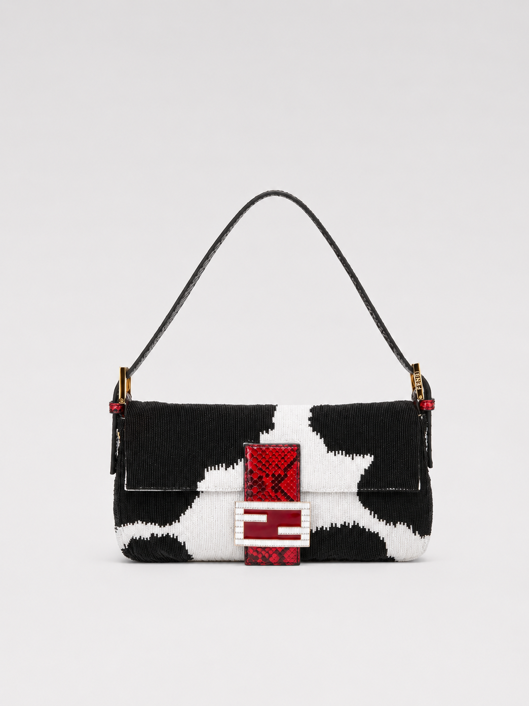 Fendi Vintage Beaded Cow Print Baguette Bag Crystal FF Buckle Limited Edition Ultra Rare Collector Piece