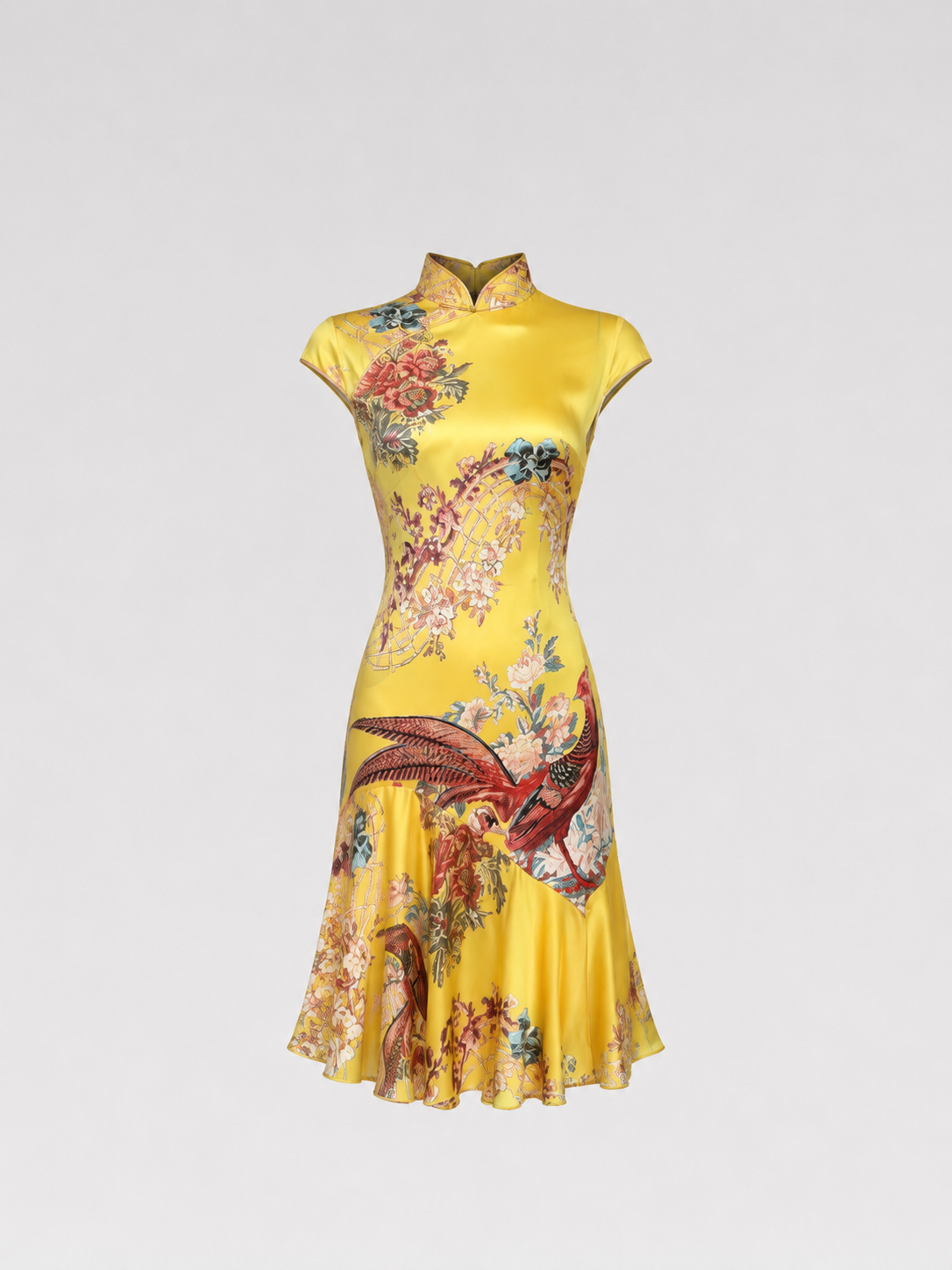 Roberto Cavalli S/S 2003 Runway Yellow Silk Cheongsam Dress Chinese Qipao Phoenix Print Archive Museum Piece
