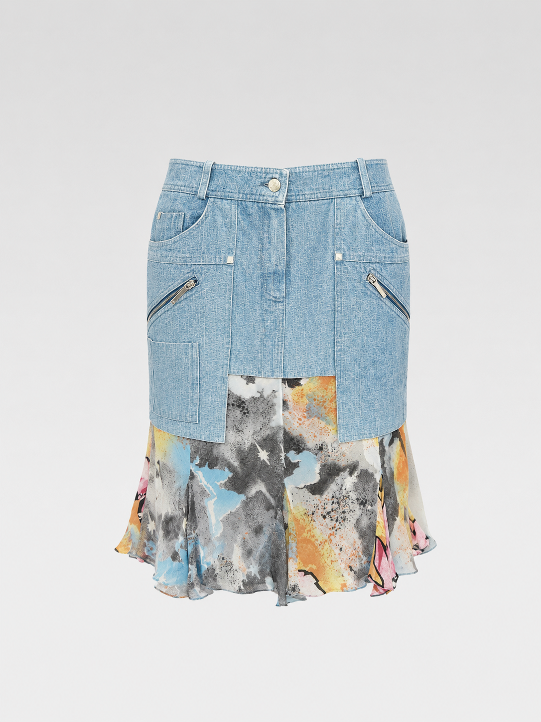 Christian Dior by John Galliano Graffiti Silk Hem Hybrid Skirt (Utility Denim Meets Couture Streetwear)