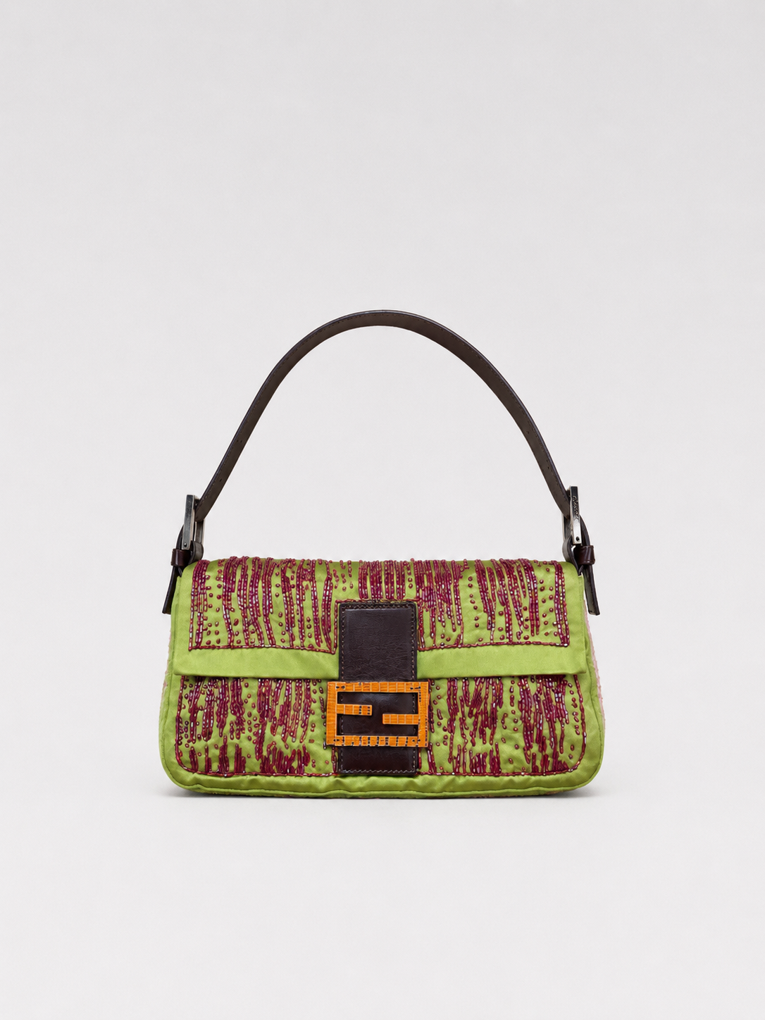 Fendi Vintage Hand-Beaded Silk Baguette Bag Rare Collector Edition Green Satin Embellished Shoulder Bag