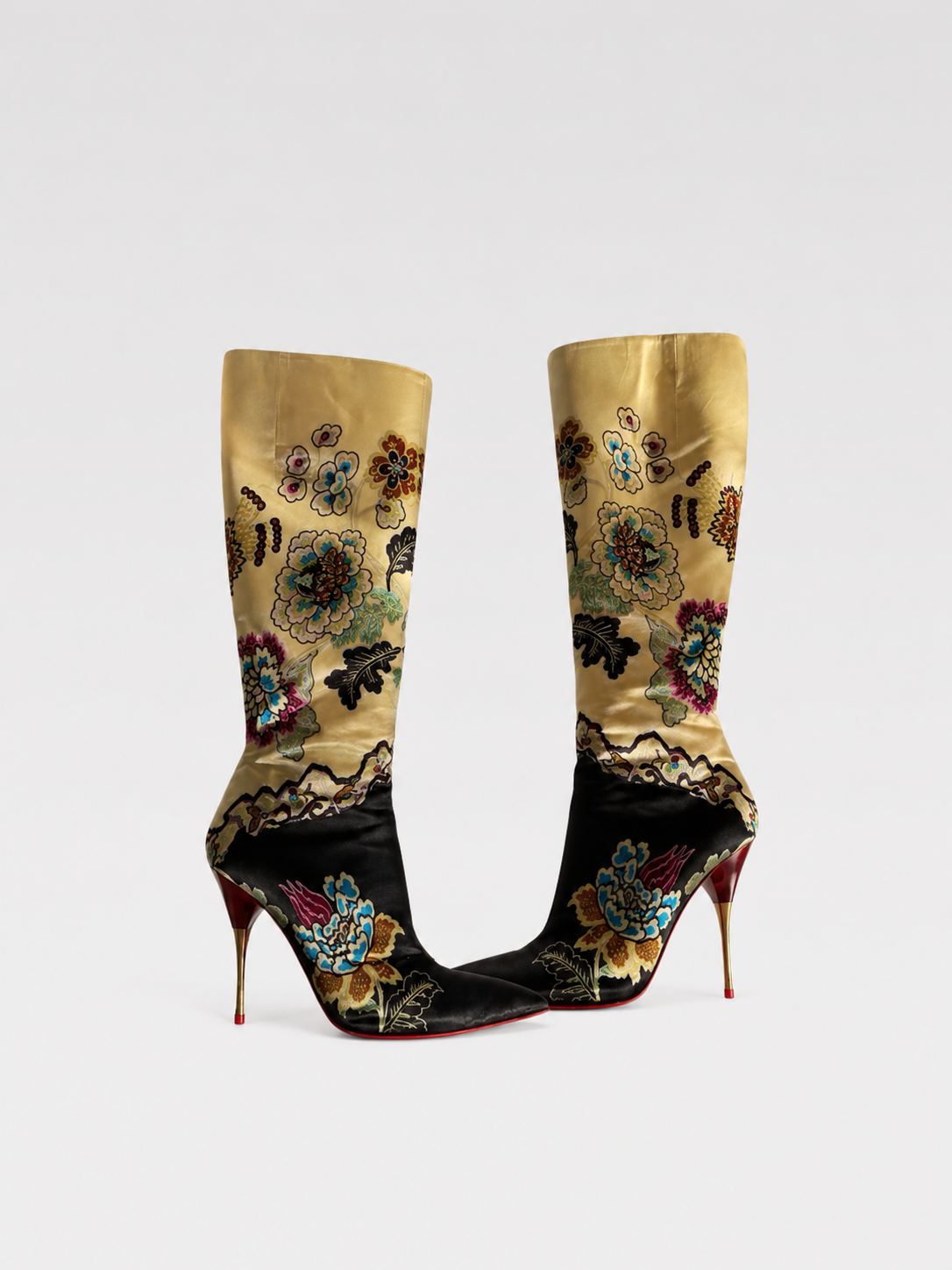 Roberto Cavalli SS2003 Silk Printed Knee-High Boots Oriental Floral Gold Satin Stiletto Heels Archive Museum Piece