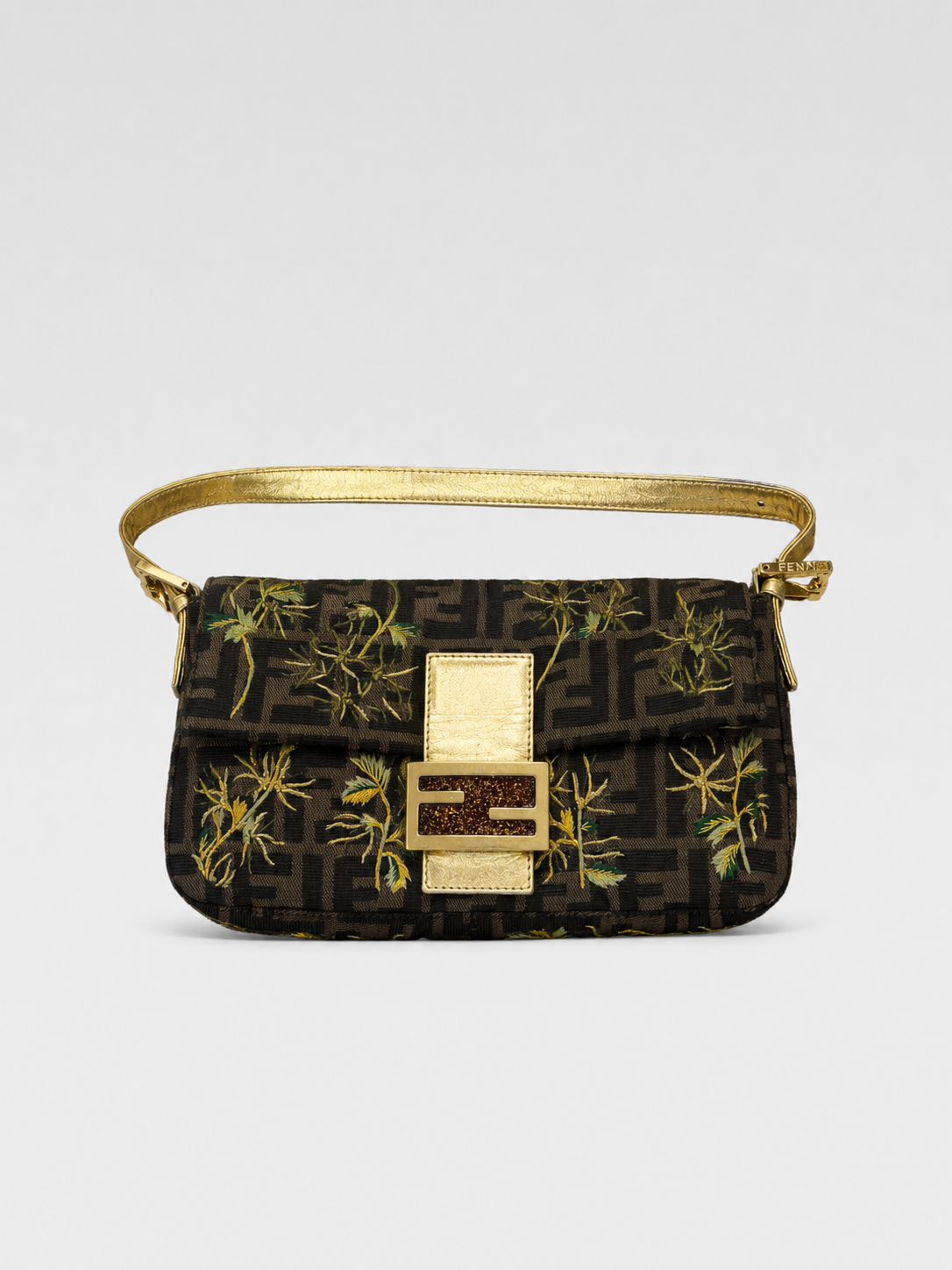Fendi Vintage Zucca FF Embroidered Floral Baguette Bag with Starry Glitter FF Buckle