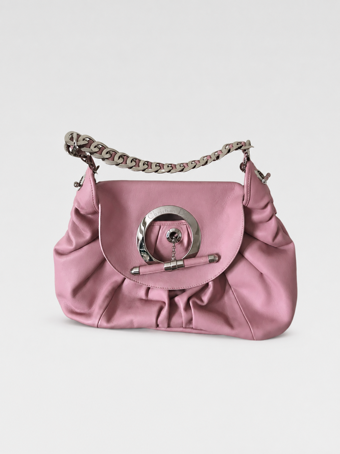 Christian Dior Galliano Era Pink Leather Chain Bag – Sculptural Hardware Shoulder Bag with Ring Lock