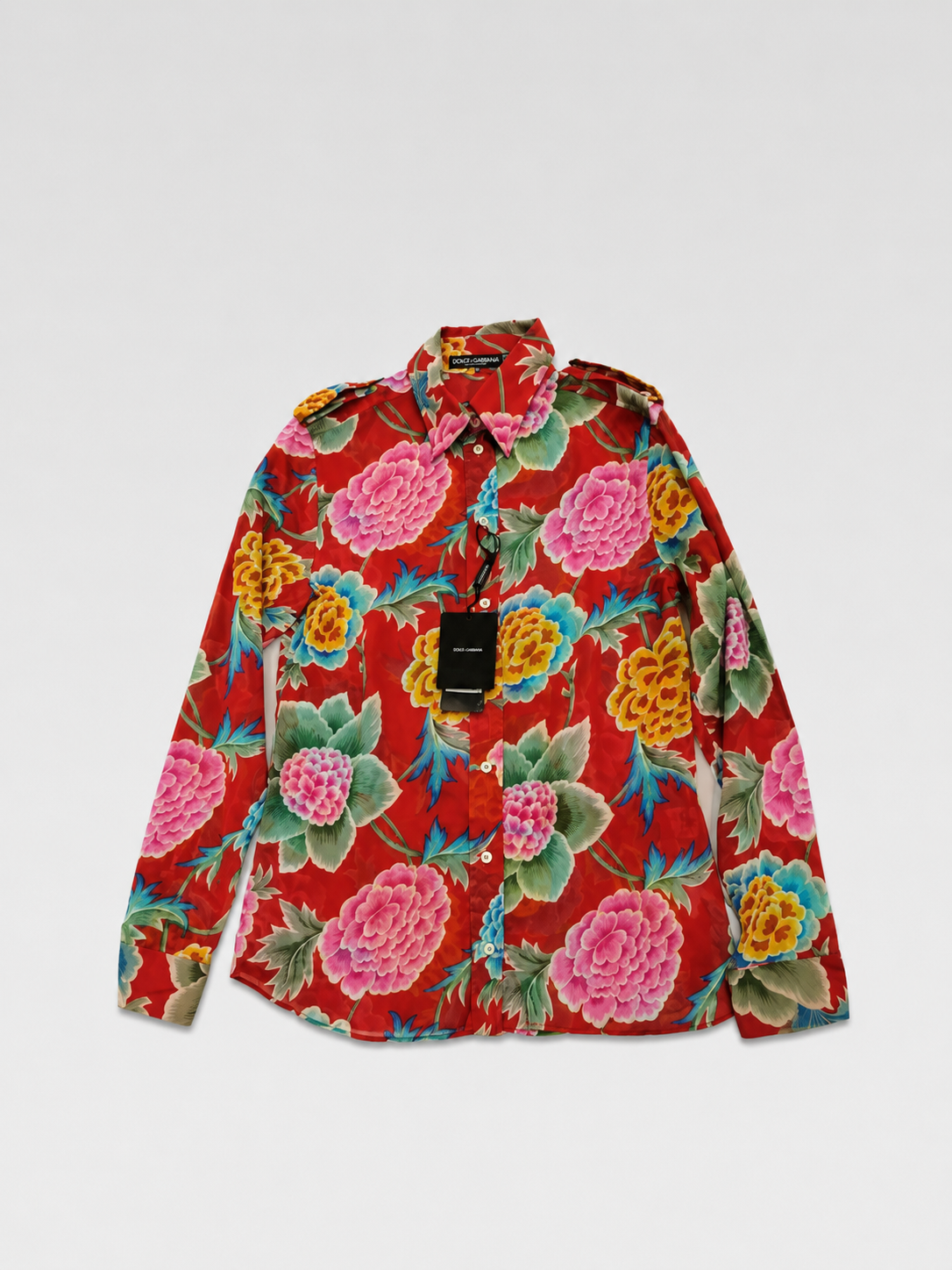 Dolce & Gabbana Chinese Peony Floral Silk Shirt – Runway Archive Red Print Blouse (Size IT40) Ultra Rare Collector Piece
