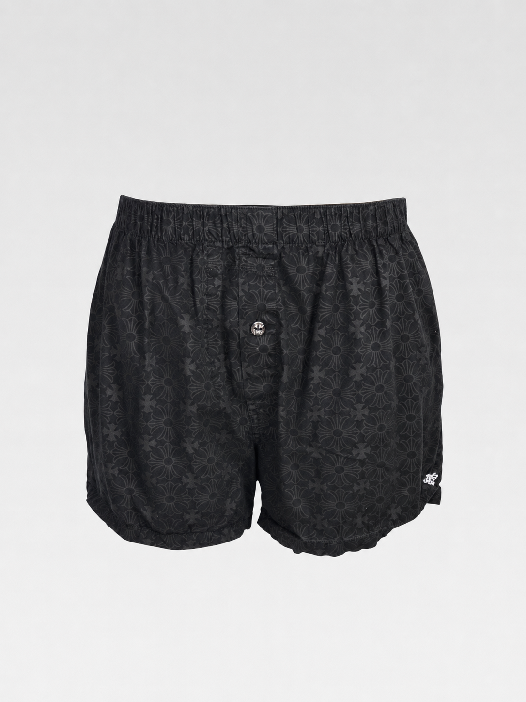Chrome Hearts Tonal Cross Pattern Shorts – Black Gothic Motif Elastic Waist Shorts