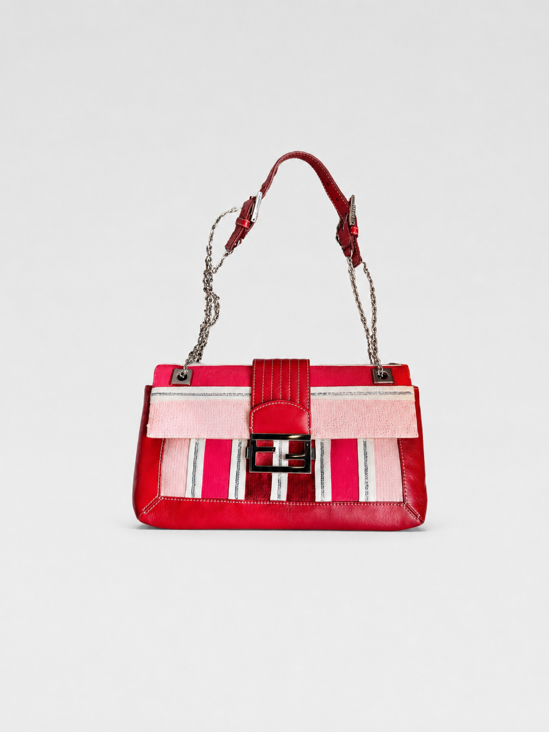 Fendi Vintage Pink White Striped Sequin Baguette Bag Patchwork Leather Chain Strap Y2K Archive Shoulder Bag