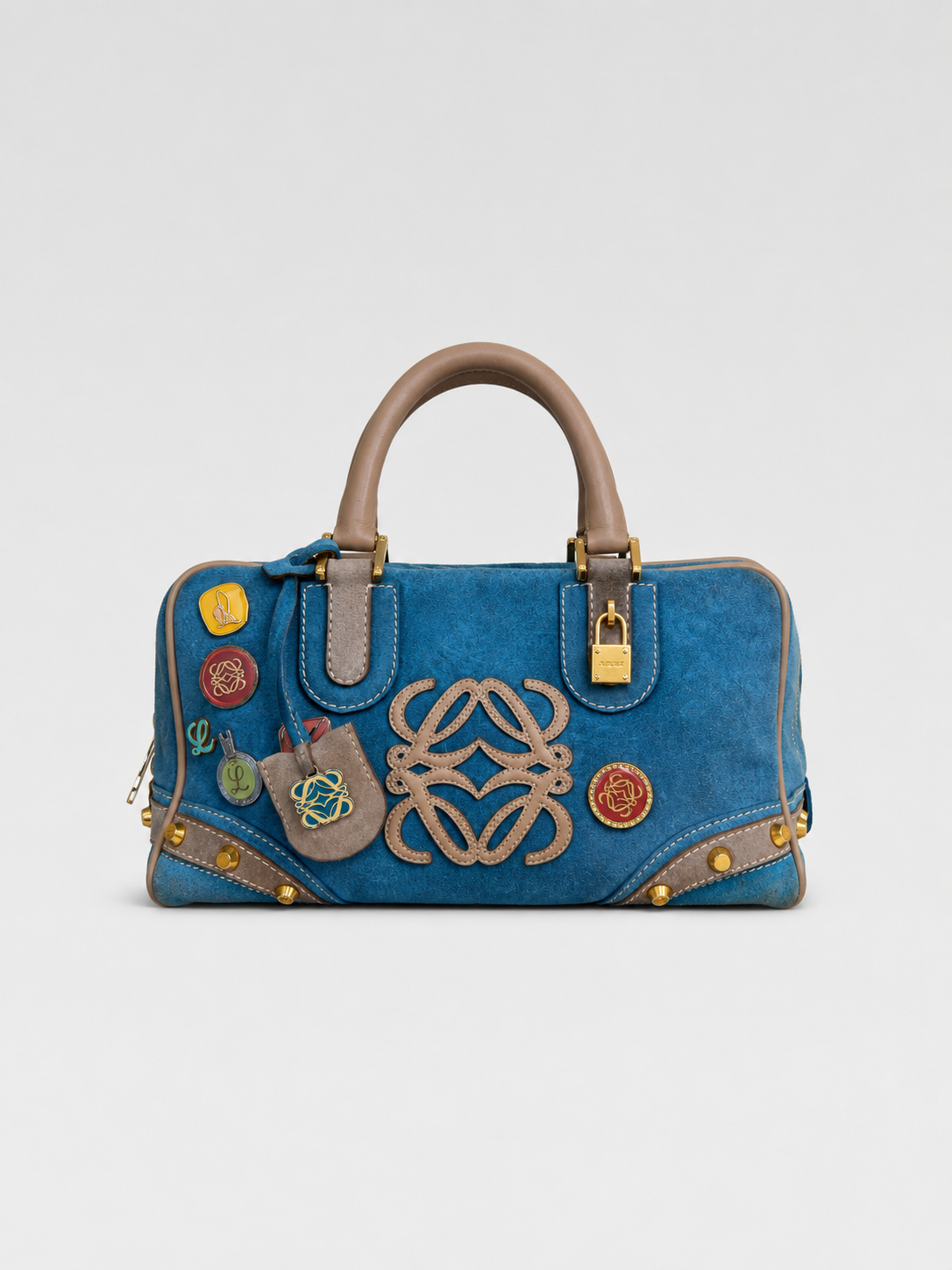 Loewe Amazona 28 Lake Blue Suede Boston Bag 160th Anniversary Limited Edition with Heritage Badge Embellishments Rare Collectible