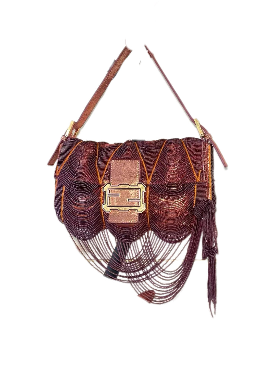 Fendi Vintage Beaded Fringe Baguette Bag – Purple Hand Embroidered Sequin & Tassel Rare Museum Quality Collectible Shoulder Bag Italy