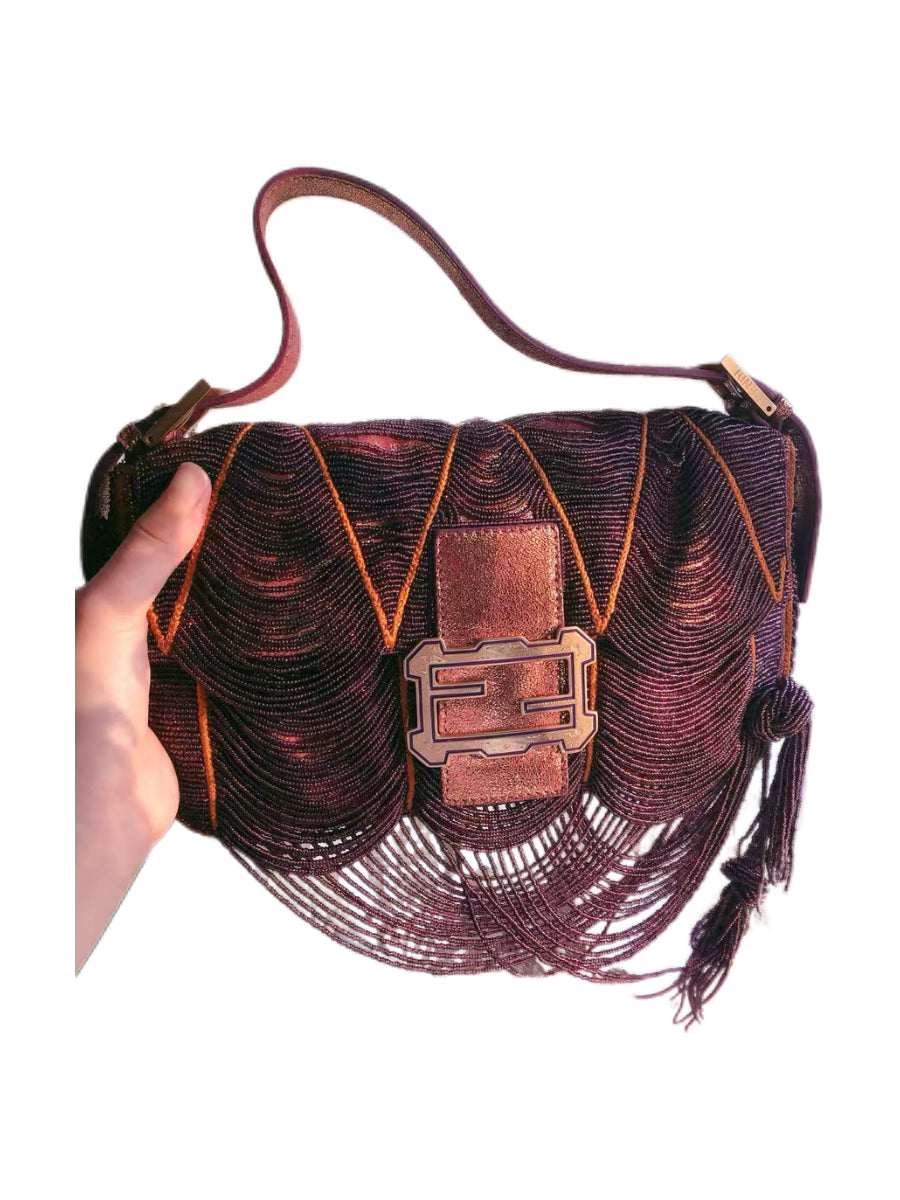 Fendi Vintage Beaded Fringe Baguette Bag – Purple Hand Embroidered Sequin & Tassel Rare Museum Quality Collectible Shoulder Bag Italy