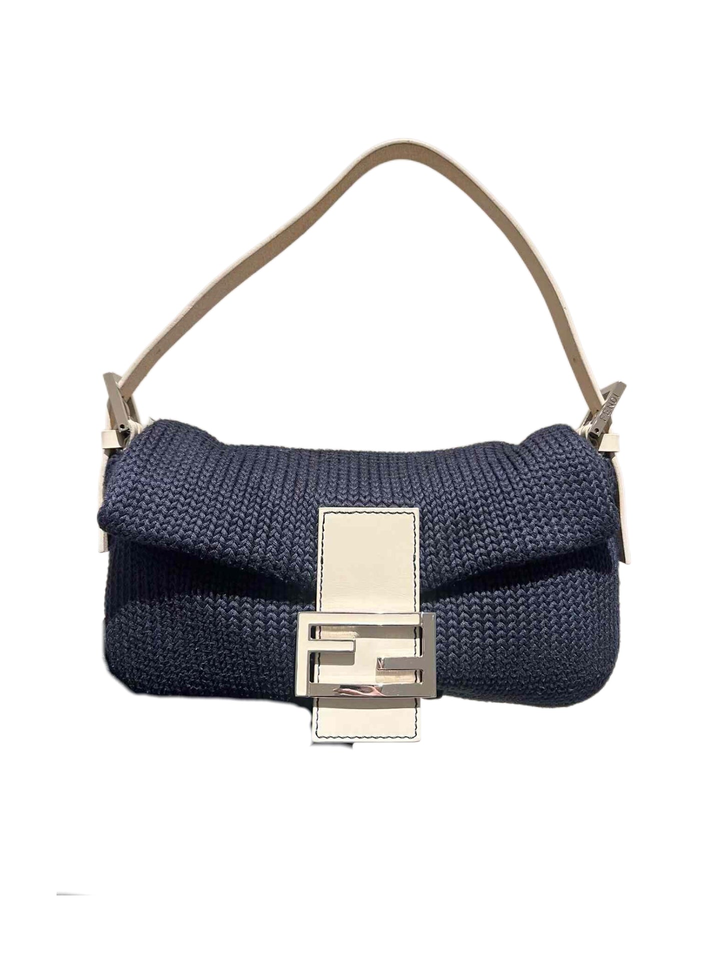 Fendi Vintage Knit Woven Baguette Bag Navy Blue Ivory – Rare Textile Limited Edition FF Logo Shoulder Bag Italy