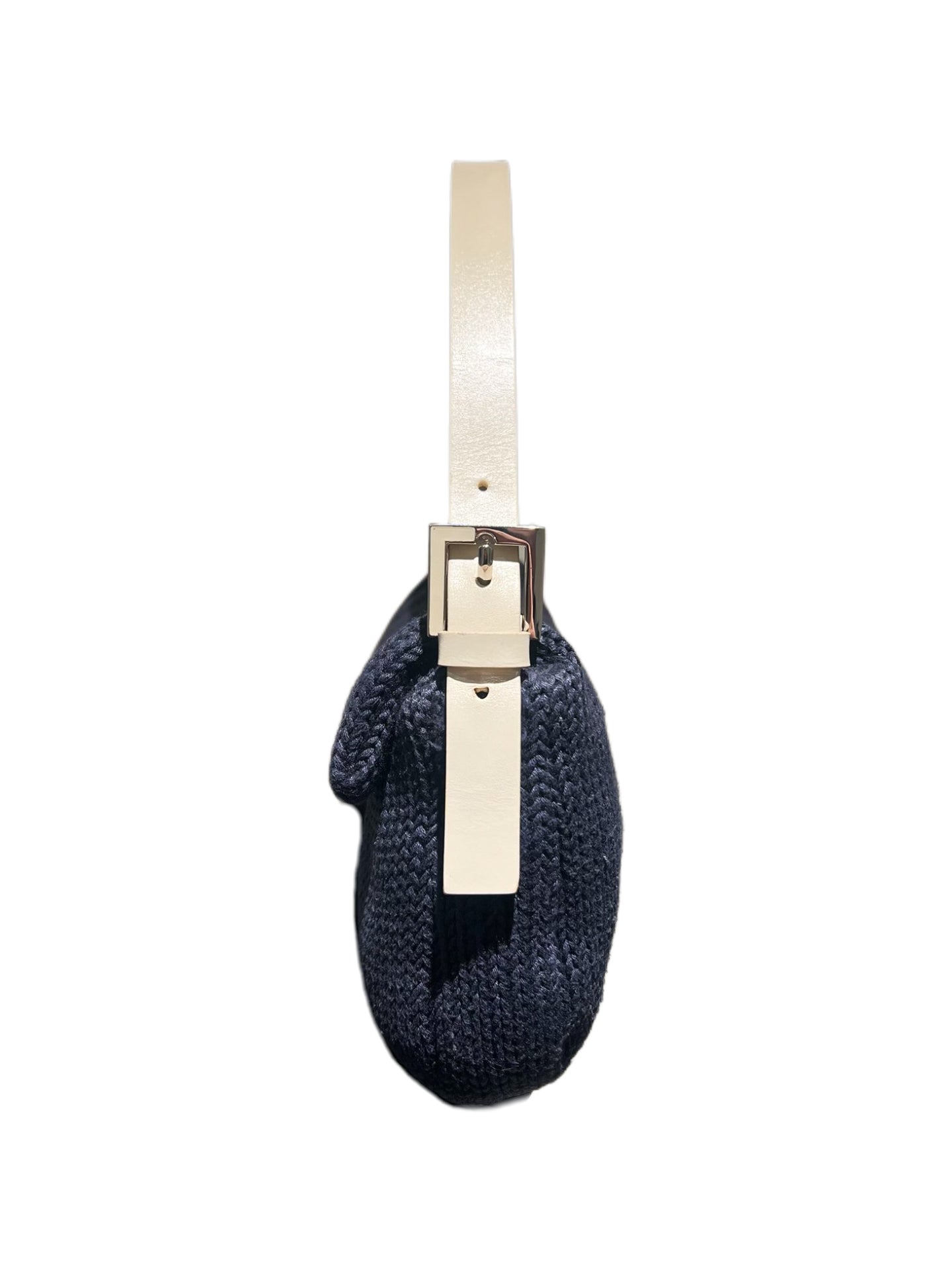 Fendi Vintage Knit Woven Baguette Bag Navy Blue Ivory – Rare Textile Limited Edition FF Logo Shoulder Bag Italy