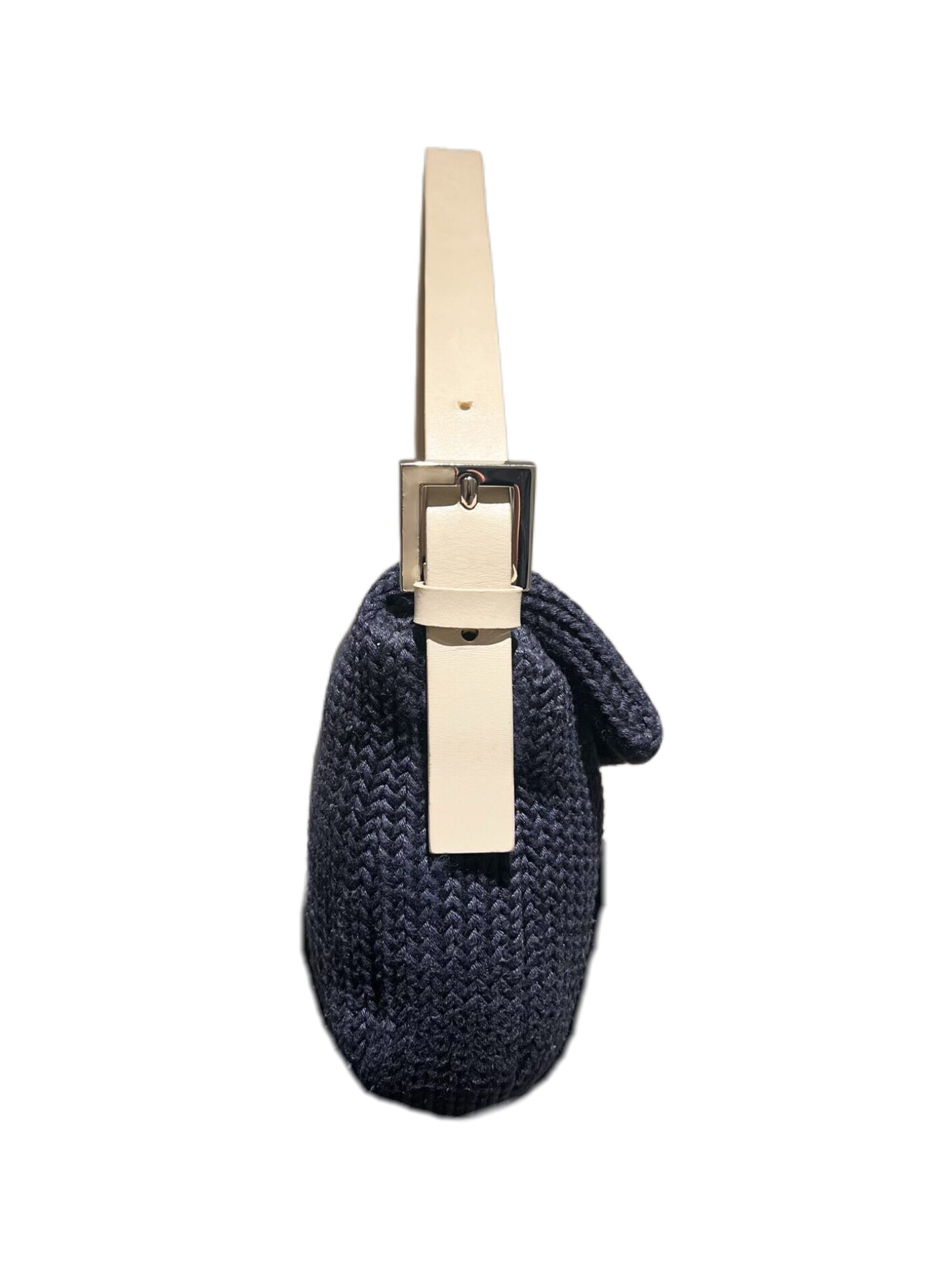 Fendi Vintage Knit Woven Baguette Bag Navy Blue Ivory – Rare Textile Limited Edition FF Logo Shoulder Bag Italy