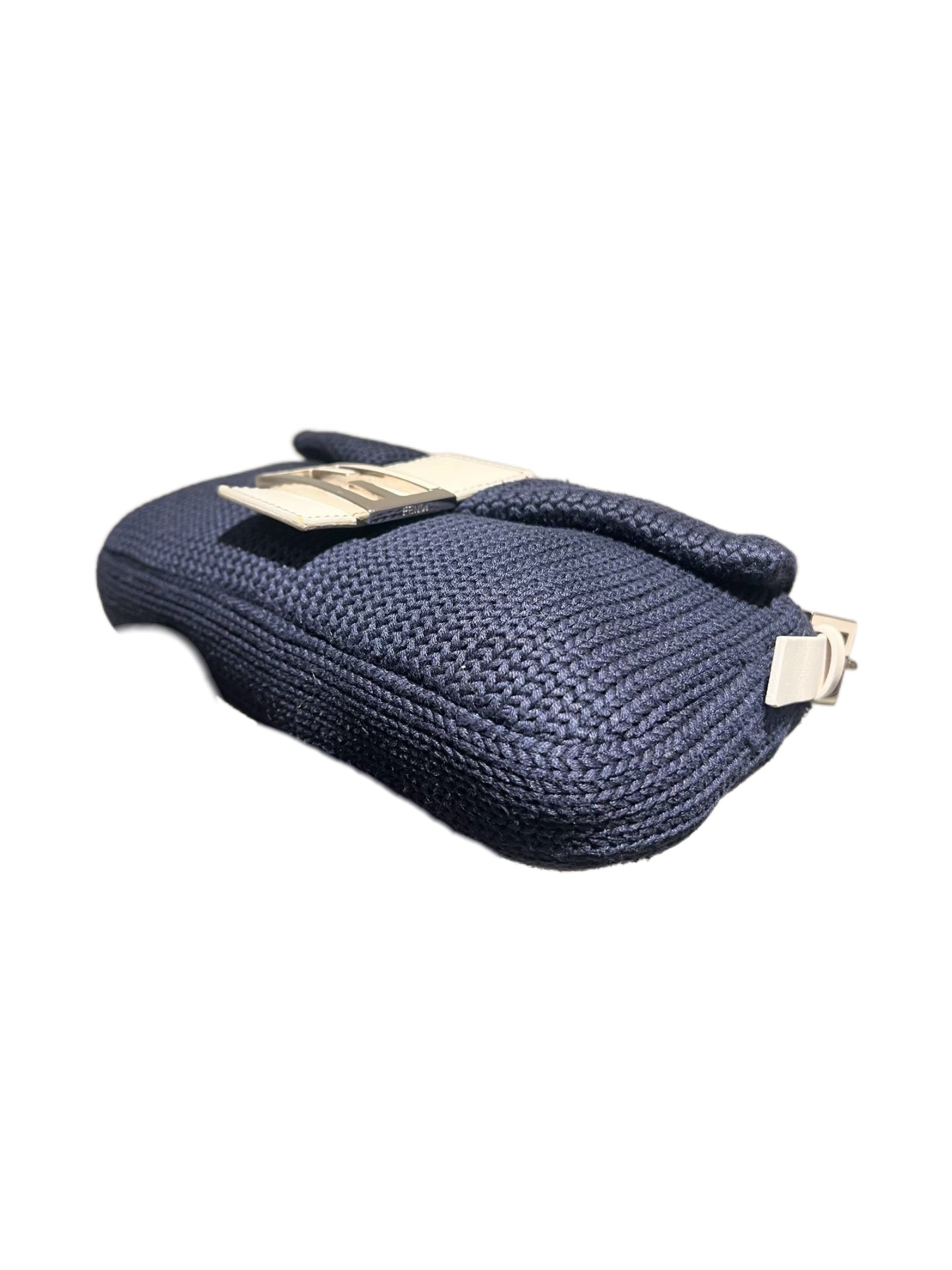 Fendi Vintage Knit Woven Baguette Bag Navy Blue Ivory – Rare Textile Limited Edition FF Logo Shoulder Bag Italy