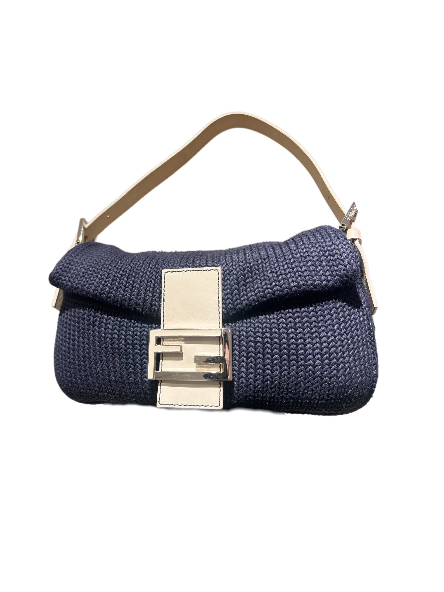 Fendi Vintage Knit Woven Baguette Bag Navy Blue Ivory – Rare Textile Limited Edition FF Logo Shoulder Bag Italy