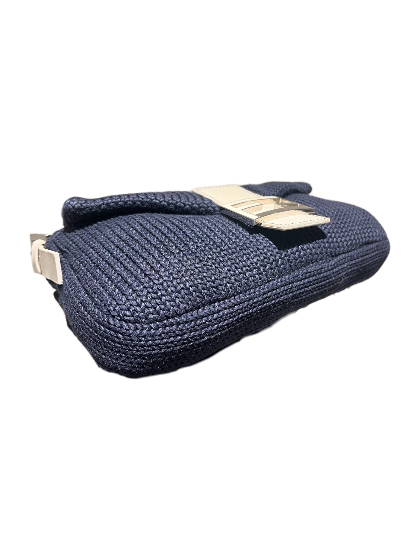 Fendi Vintage Knit Woven Baguette Bag Navy Blue Ivory – Rare Textile Limited Edition FF Logo Shoulder Bag Italy