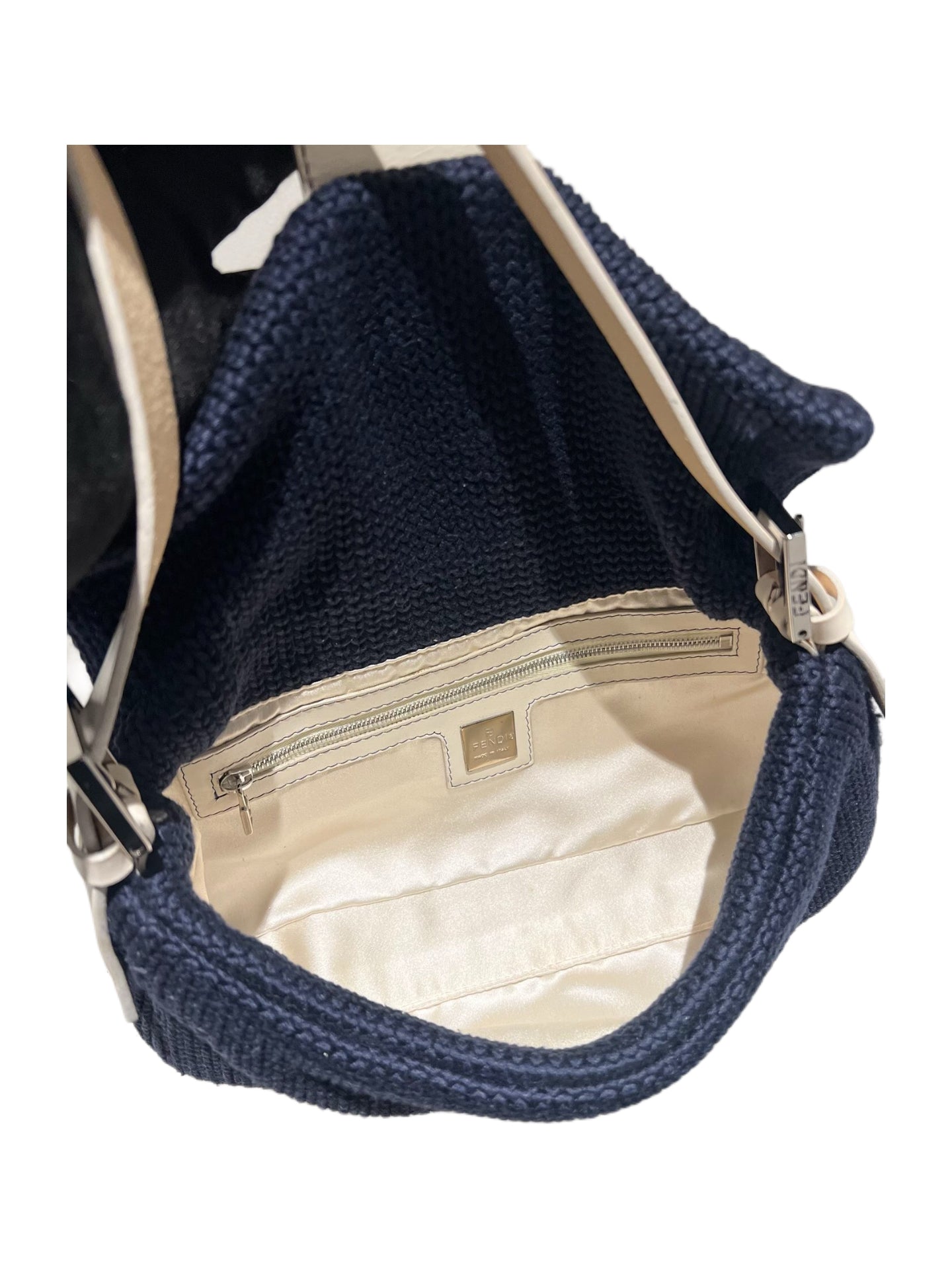 Fendi Vintage Knit Woven Baguette Bag Navy Blue Ivory – Rare Textile Limited Edition FF Logo Shoulder Bag Italy