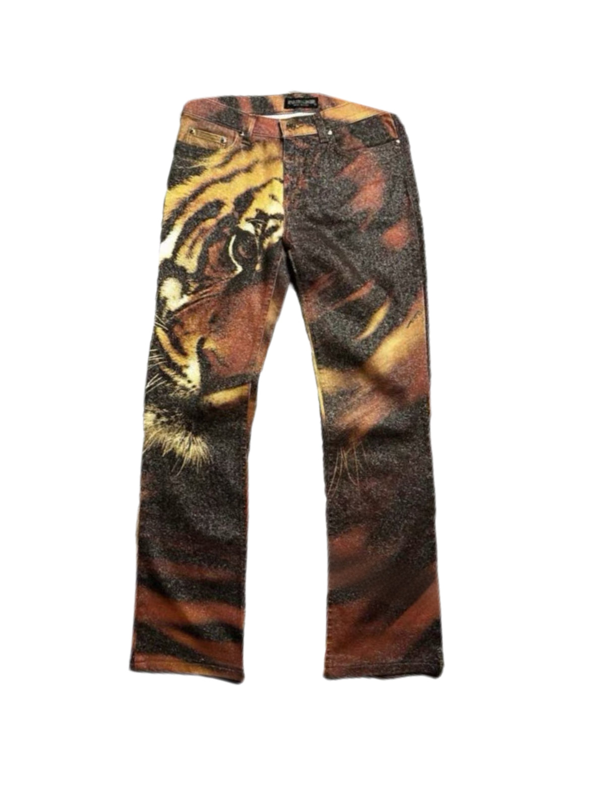 Roberto Cavalli 2001 Runway Tiger Print Low-Rise Glitter Denim Jeans – Y2K Archive Rare Piece (Made in Italy)