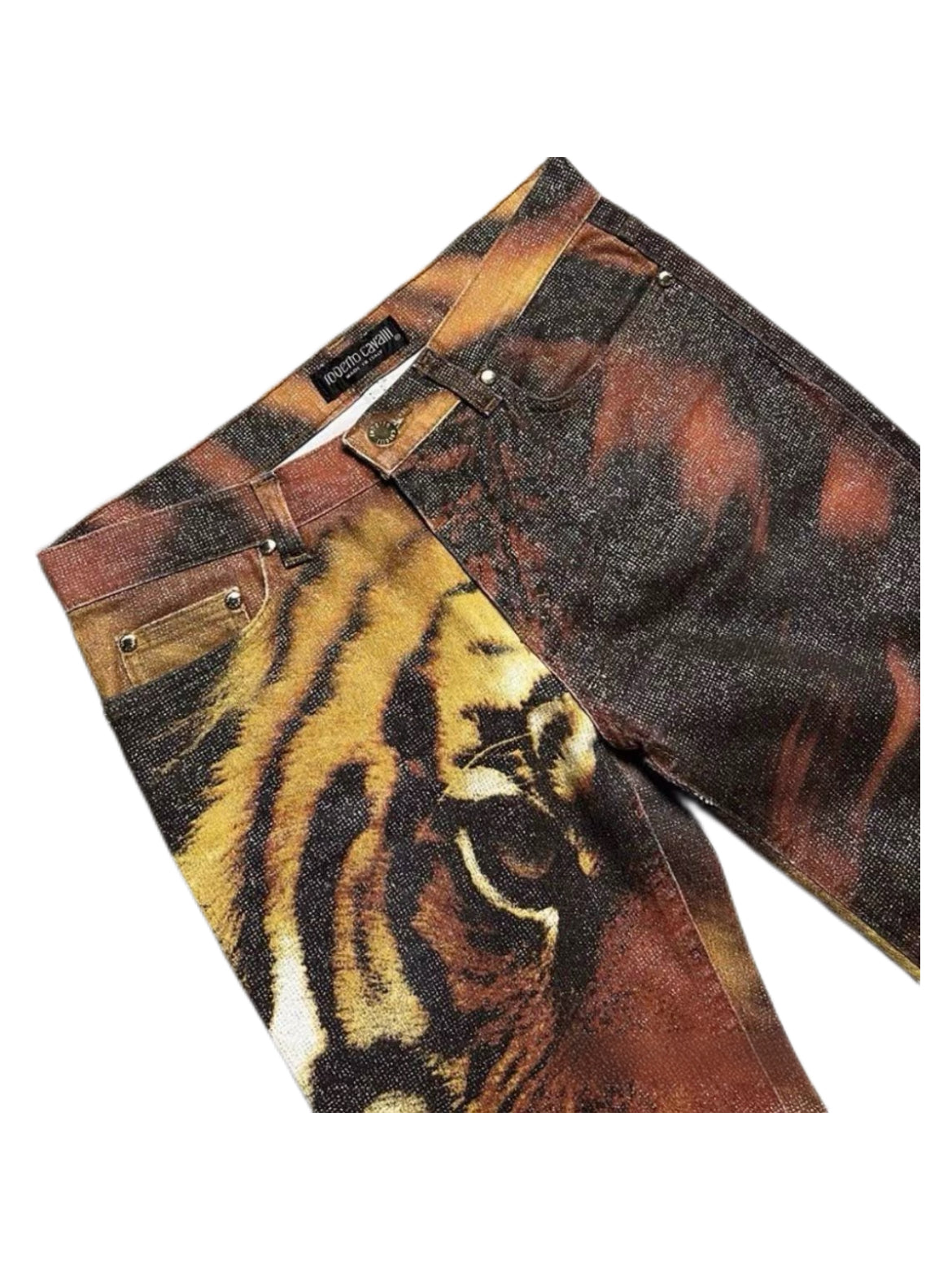Roberto Cavalli 2001 Runway Tiger Print Low-Rise Glitter Denim Jeans – Y2K Archive Rare Piece (Made in Italy)