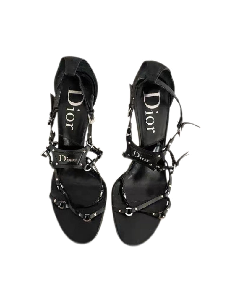 CHRISTIAN DIOR BY JOHN GALLIANO Punk Collection Black Leather Strappy High-Heel Sandals