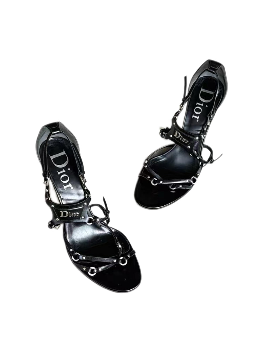 CHRISTIAN DIOR BY JOHN GALLIANO Punk Collection Black Leather Strappy High-Heel Sandals