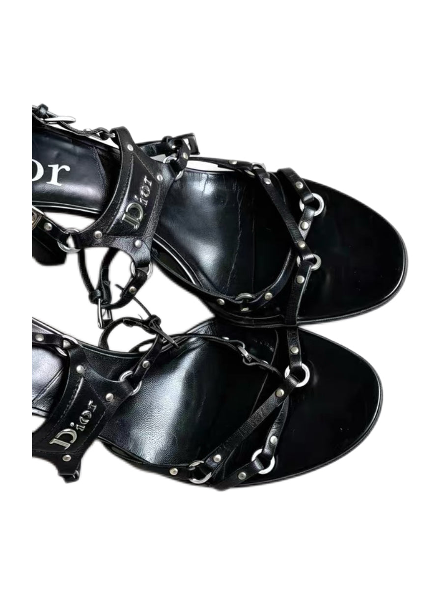 CHRISTIAN DIOR BY JOHN GALLIANO Punk Collection Black Leather Strappy High-Heel Sandals
