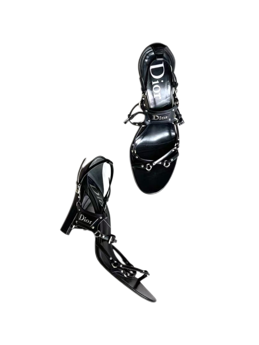 CHRISTIAN DIOR BY JOHN GALLIANO Punk Collection Black Leather Strappy High-Heel Sandals