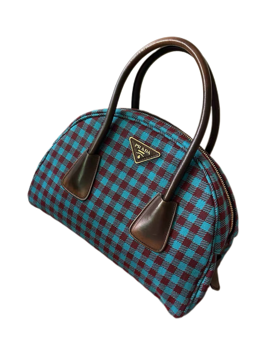 Prada Y2K Check Jacquard Bowling Bag – Turquoise & Burgundy Top Handle Archive Handbag