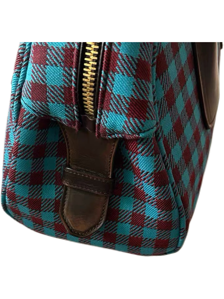 Prada Y2K Check Jacquard Bowling Bag – Turquoise & Burgundy Top Handle Archive Handbag