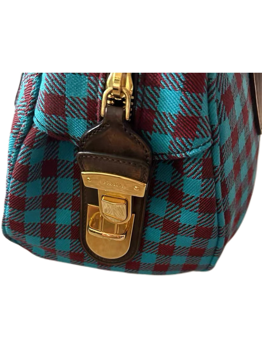 Prada Y2K Check Jacquard Bowling Bag – Turquoise & Burgundy Top Handle Archive Handbag