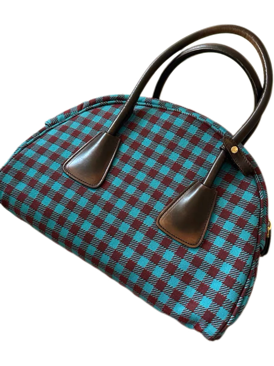 Prada Y2K Check Jacquard Bowling Bag – Turquoise & Burgundy Top Handle Archive Handbag