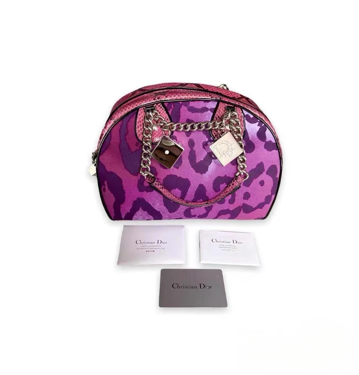 Christian Dior by John Galliano Vintage Purple Leopard Boston Bag – Dice Charm Graphic Archive Handbag