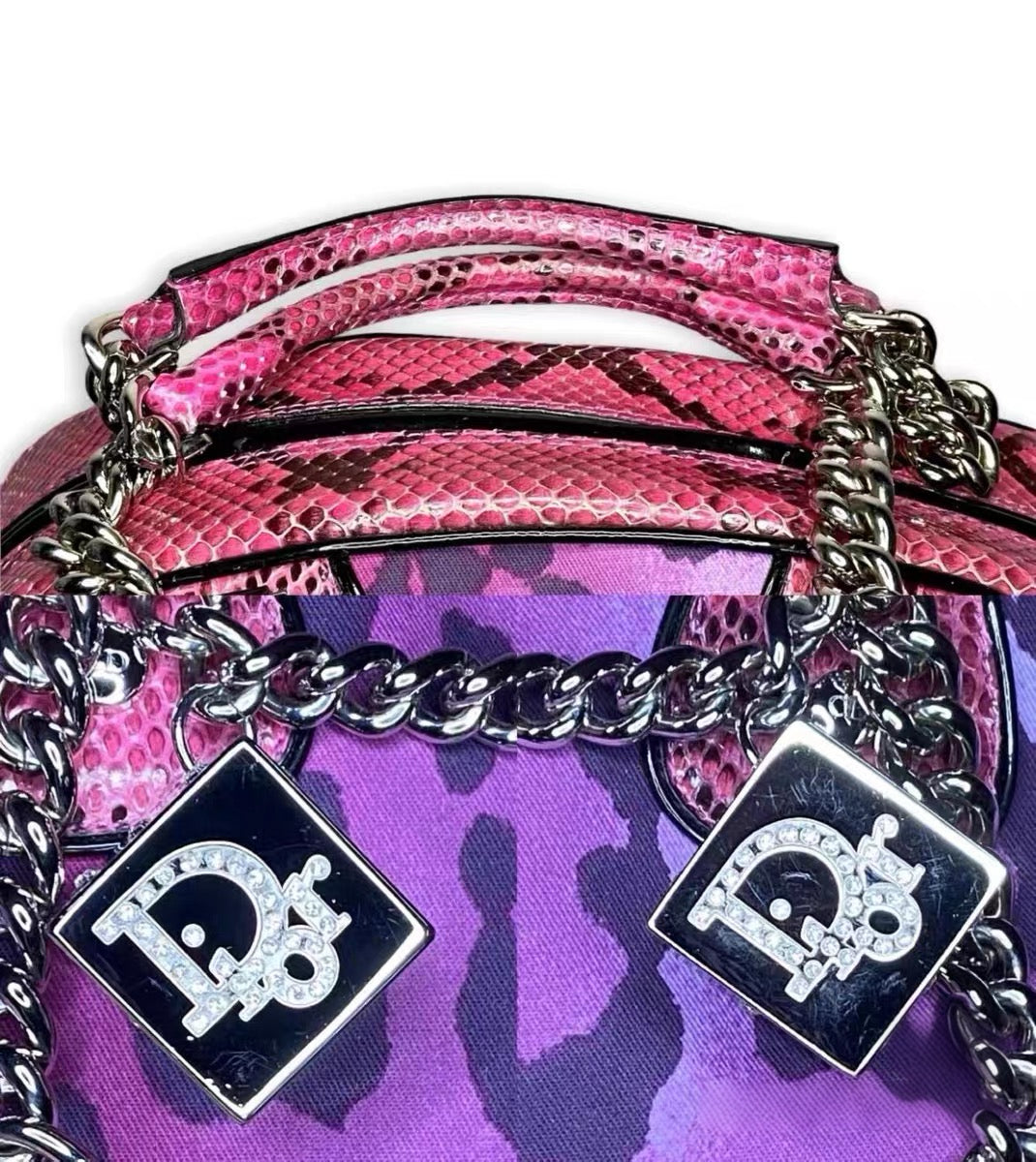Christian Dior by John Galliano Vintage Purple Leopard Boston Bag – Dice Charm Graphic Archive Handbag