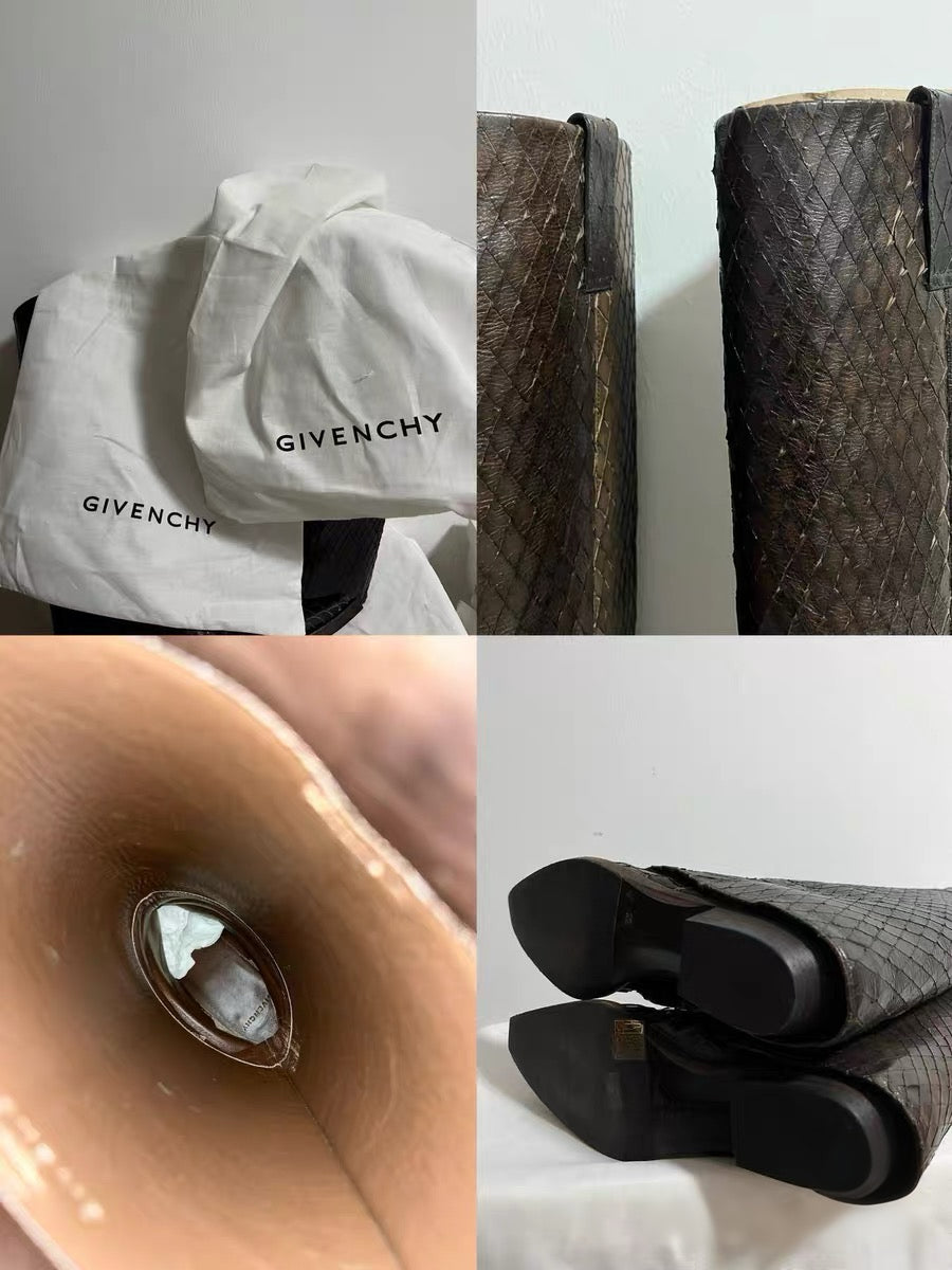Givenchy Python Embossed Leather Knee-High Boots – Archive Snakeskin Pattern Riding Boots