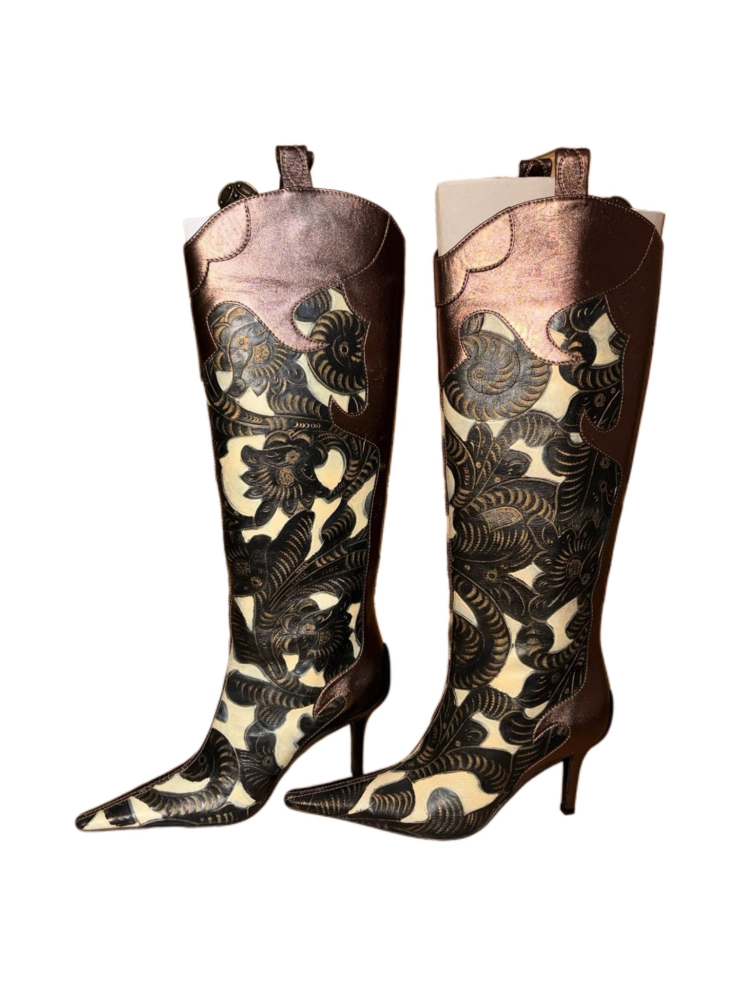 Givenchy Vintage Baroque Engraved Leather Knee-High Boots – Metallic Bronze Western Style Heeled Boots