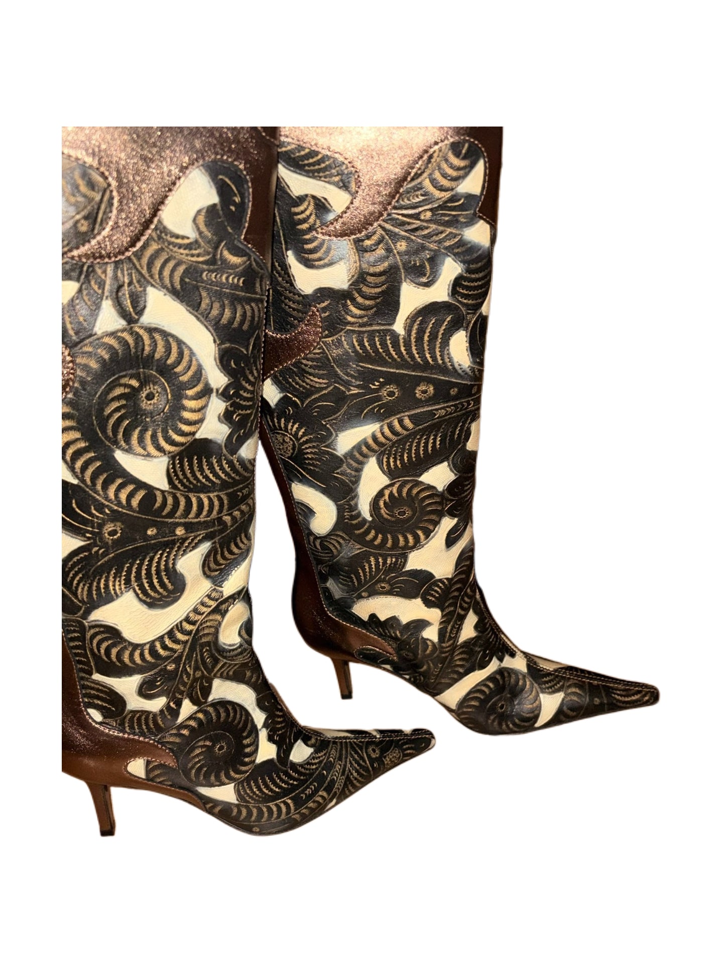 Givenchy Vintage Baroque Engraved Leather Knee-High Boots – Metallic Bronze Western Style Heeled Boots